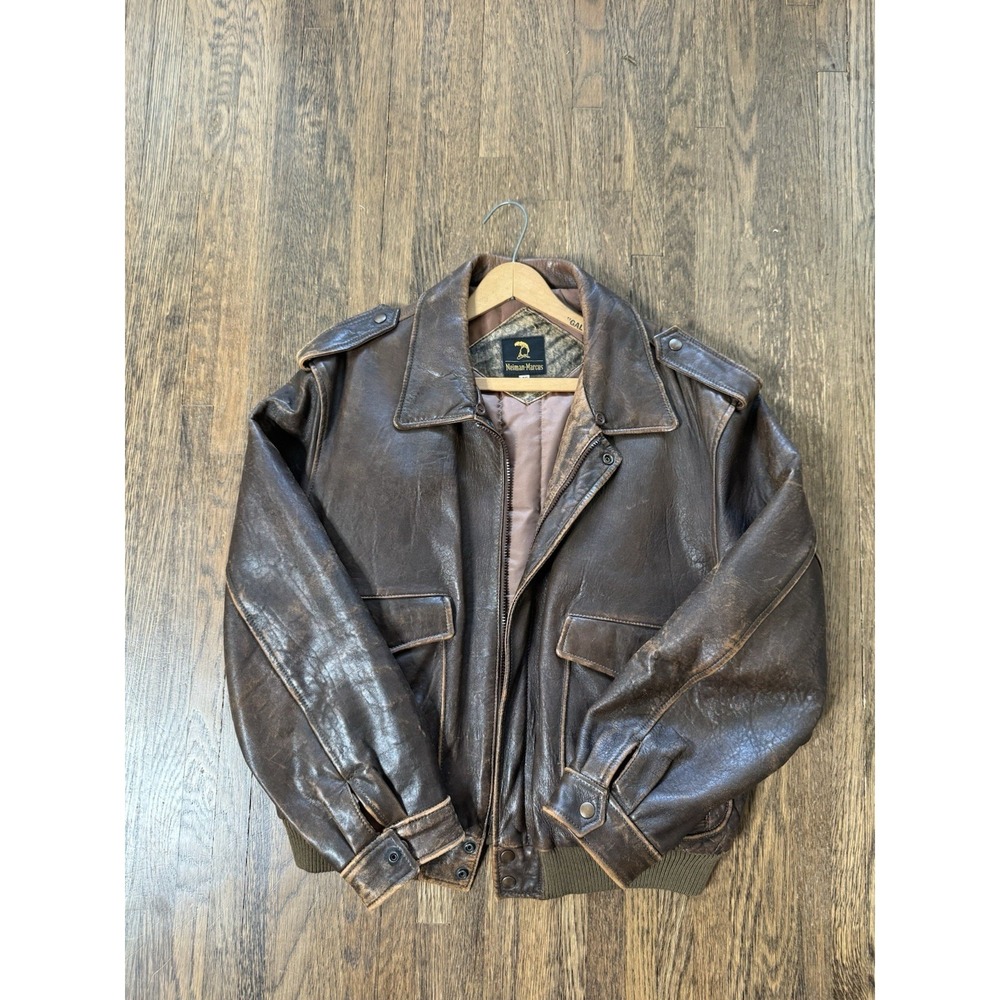 Neiman Marcus Vintage Distressed Leather Bomber Flight Jacket Mens Size 46 Brown
